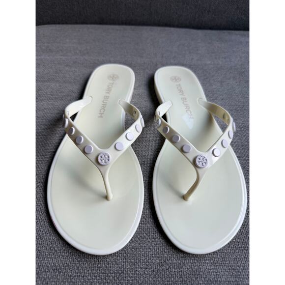 Tory Burch Perfect Ivory Studded Jelly Flip Flops Thongs Sandals Sz 9 Cream - Picture 9 of 10